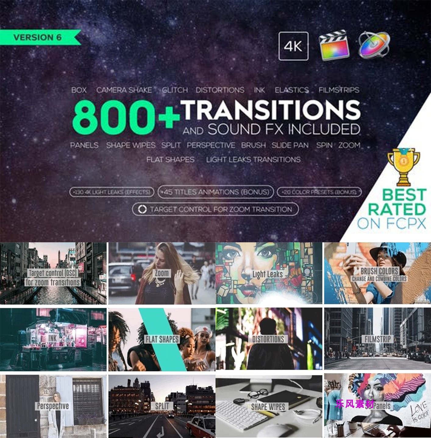 FCPX插件：800组4K视频转场调色预设文字标题音效素材v6