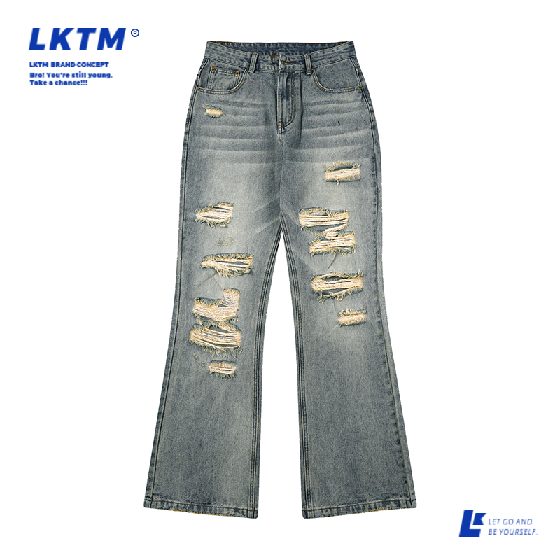 2025春夏美式破洞割烂怀旧复古水洗牛仔裤男宽松微喇叭修腿型长裤