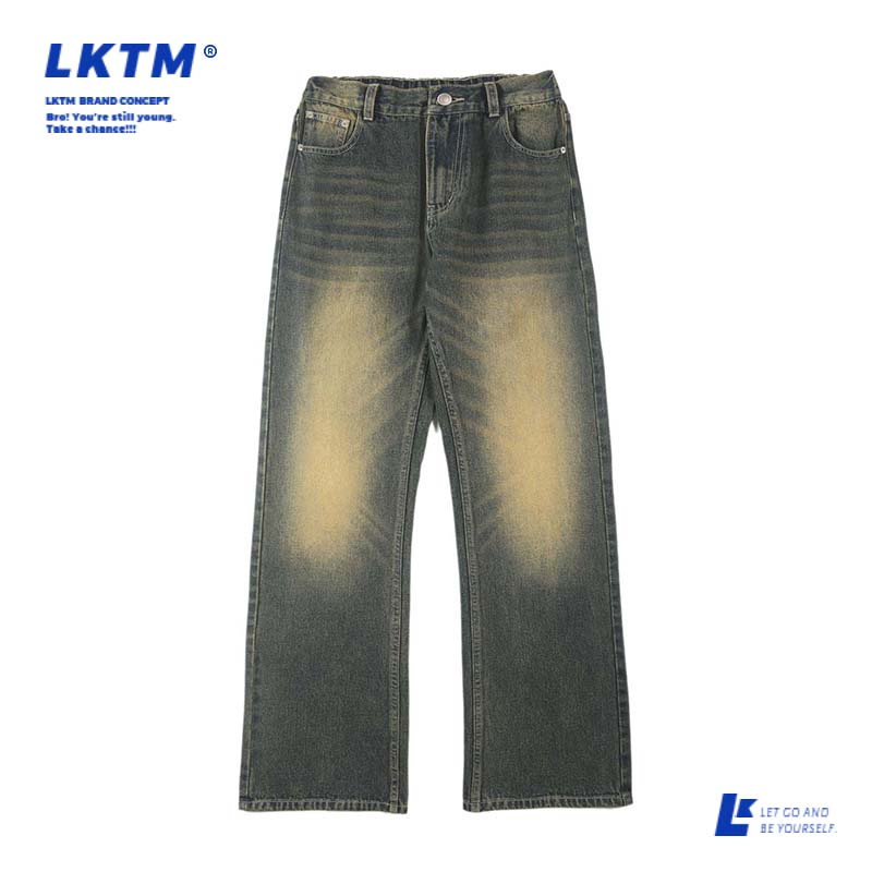 LKTM新款纳米怀旧绿做旧牛仔裤男女同款宽松微喇vibe潮牌阔腿长裤