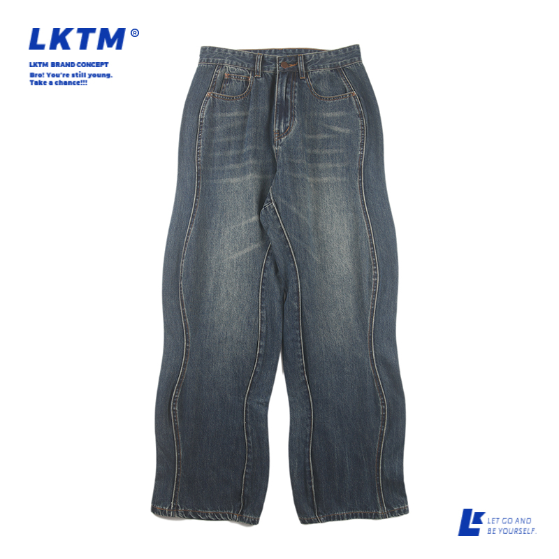 LKTM美式不规则剪裁波浪条纹牛仔裤男女直筒宽松百搭潮牌阔退长裤