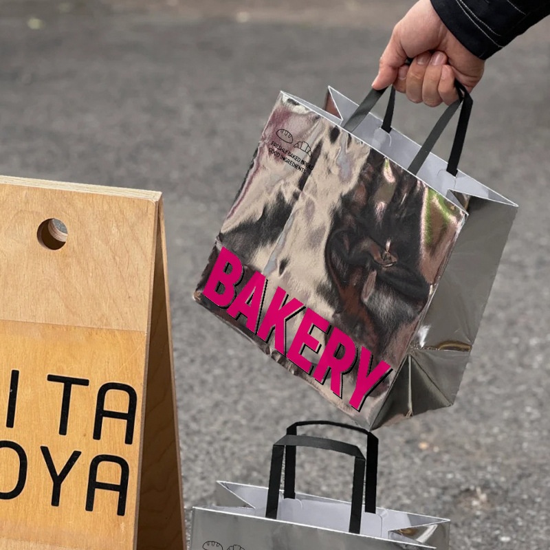 粉色镜面亮银卡手提袋烘焙甜品面包店外卖打包袋子商用纸袋定制做