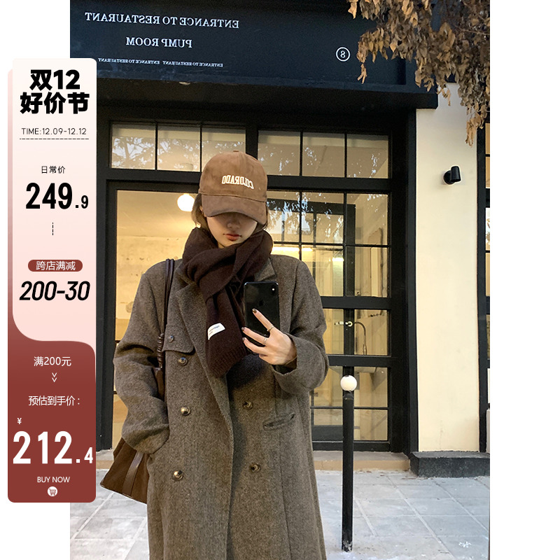 乌77复古质感毛呢西装外套女通勤韩系双排扣宽松中长款羽绒大衣冬