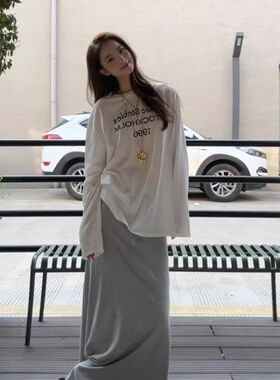 夏季美式复古字母印花白色长袖T恤女夏季薄款外搭宽松防晒衫0412d