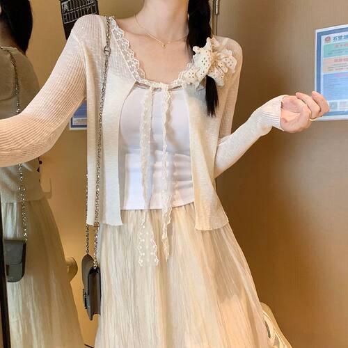 春夏浅紫色V领长袖防晒衣蕾丝绑带微透开衫女2026年夏季薄款0402d