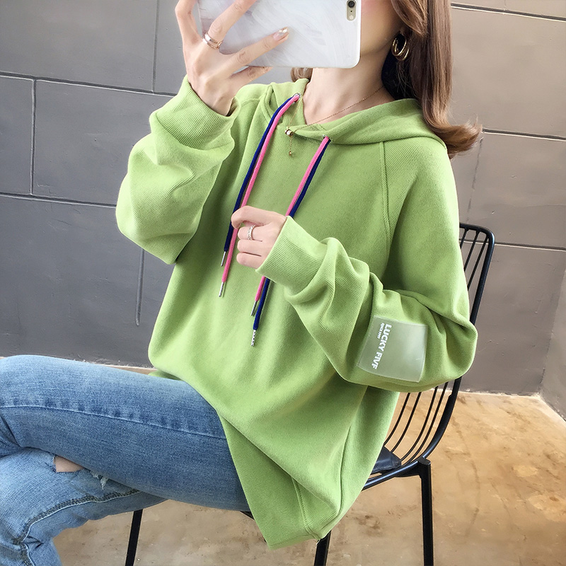 卫衣2020新款女加绒加厚秋冬牛油果绿上衣宽松韩版连帽外套潮ins