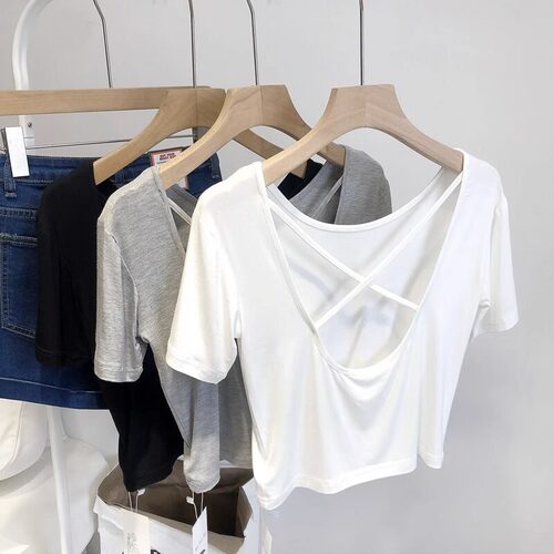 夏季交叉美背短袖T恤女夏薄款纯色百搭宽松垂感显瘦短款运动0412d