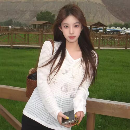 夏季防晒罩衫V领长袖T恤女夏季薄款小众感休闲宽松显瘦上衣0412d