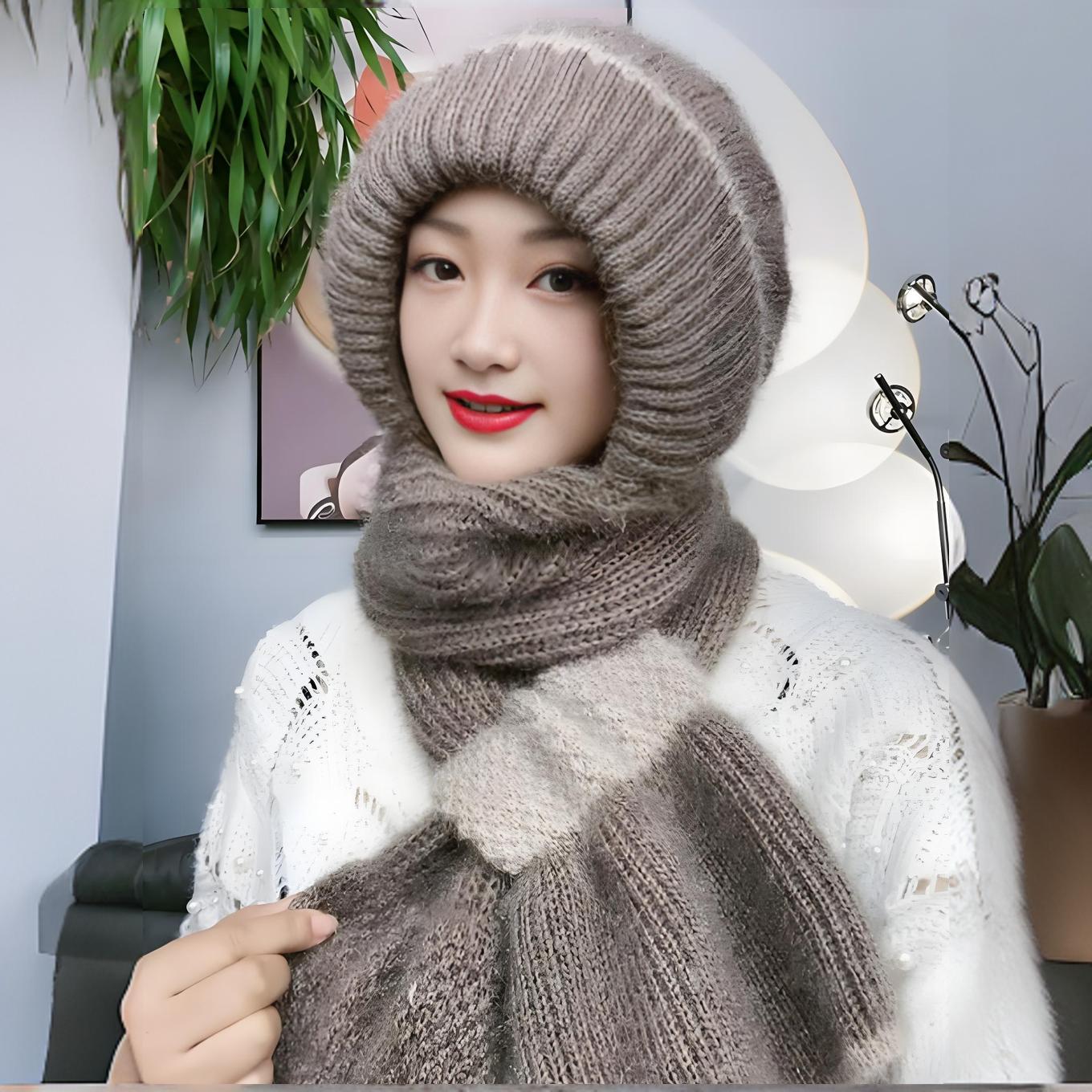 新款加绒加厚松鼠绒秋冬季拼色保暖毛线针织帽子围巾一体风雪帽