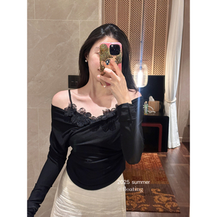 Floating 蕾丝花边吊带两件套气质V领针织打底露肩上衣 手T走位花