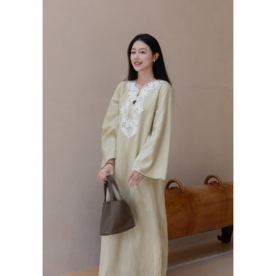 Floating 重工刺绣蕾丝拼接国风长裙女新中式气质亚麻长袖连衣裙