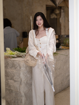 Floating 纯亚麻长期主义 白色薄款长袖衬衫+长裤休闲套装两件套