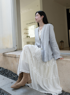 Floating极光贝壳扣 灰蓝色高定100苎麻西装百搭显瘦静奢气质外套