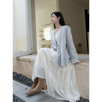 Floating极光贝壳扣 灰蓝色高定100苎麻西装百搭显瘦静奢气质外套