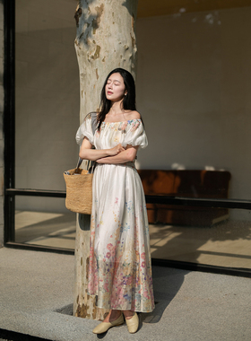 Floating 浪漫气质高定定位花 立体剪裁一字肩泡泡袖气质连衣裙