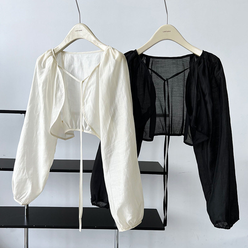 玖扣大码女装小众短款罩衫系带小披肩外搭胖mm长袖防晒衫开衫9528