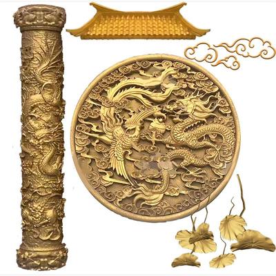 中式婚礼金色龙柱龙凤图腾屋檐金色荷叶祥云效果图设计素材PS格式