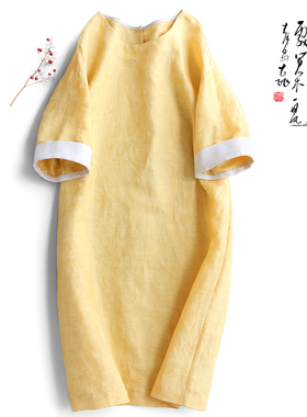 云澍原创丝麻提花袖口撞色圆领宽松气质连衣裙自然文艺黄色长裙夏