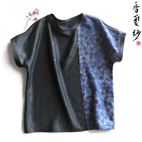 龟纹香云纱夏季休闲圆领上衣真丝