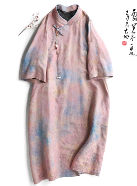 云澍原创交织香云纱新中式国风复古文艺改良旗袍连衣裙立领长裙夏