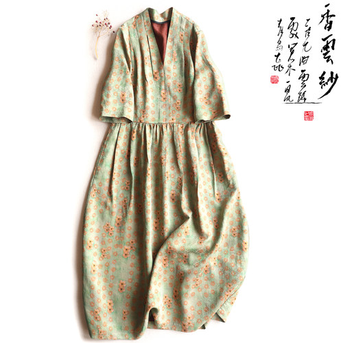 印花裙子云澍花罗香云纱中式改良