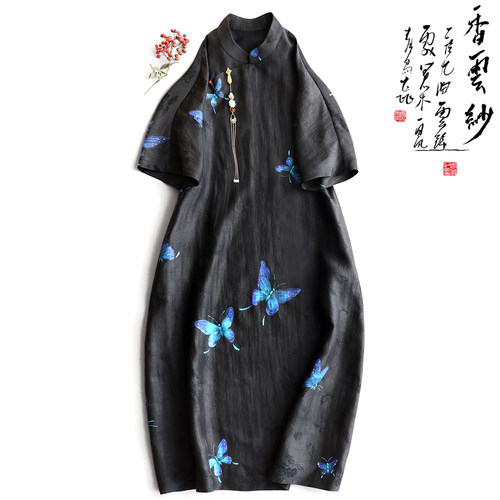 云澍手绘提花缎香云纱新中式旗袍