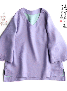 云澍原创交织提花新中式轻国风V领宽松休闲通勤桑蚕丝上衣T恤女夏