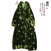 收腰连衣长裙袍子春季 云澍原创 真丝绒刺绣复古文艺交领系带长袖