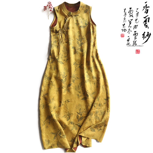无袖裙子印花桑蚕丝长裙国风夏季