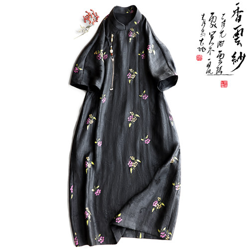 云澍手绘提花缎香云纱改良旗袍女