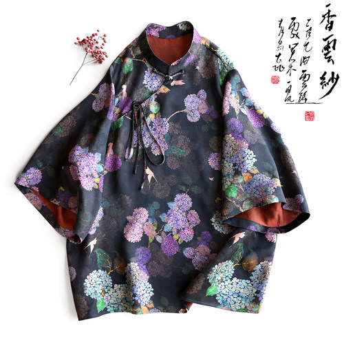 花罗香云纱印花系带新中式上衣女