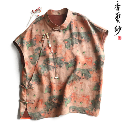 文艺印花桑蚕丝新中式盘扣香云纱