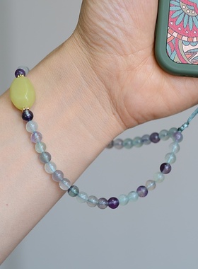 水晶萤石柠檬玉石手机链甜美手腕款清新少女文艺范手机壳挂绳挂件