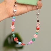 彩色软陶花朵甜美女手机链双扣头挂绳款 手机链U盘小挂件防丢挂饰