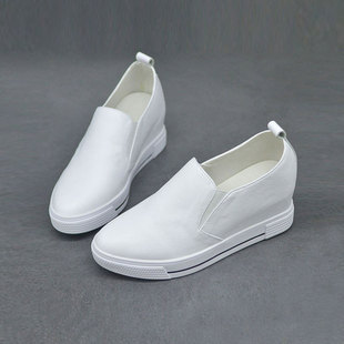 女款 小个子增高显瘦坡跟休闲鞋 女真皮秀气一脚蹬女鞋 内增高小白鞋