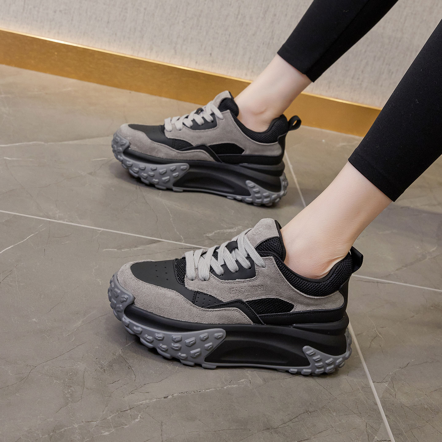 运动厚底圆头软底老爹鞋真皮保暖