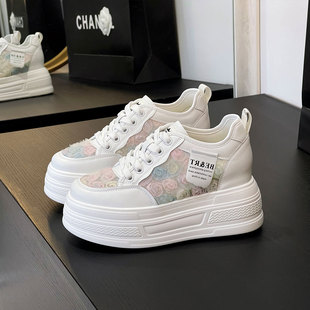 真皮网面透气仙女休闲鞋 夏季 女小个子增高9cm2026新款 厚底小白鞋