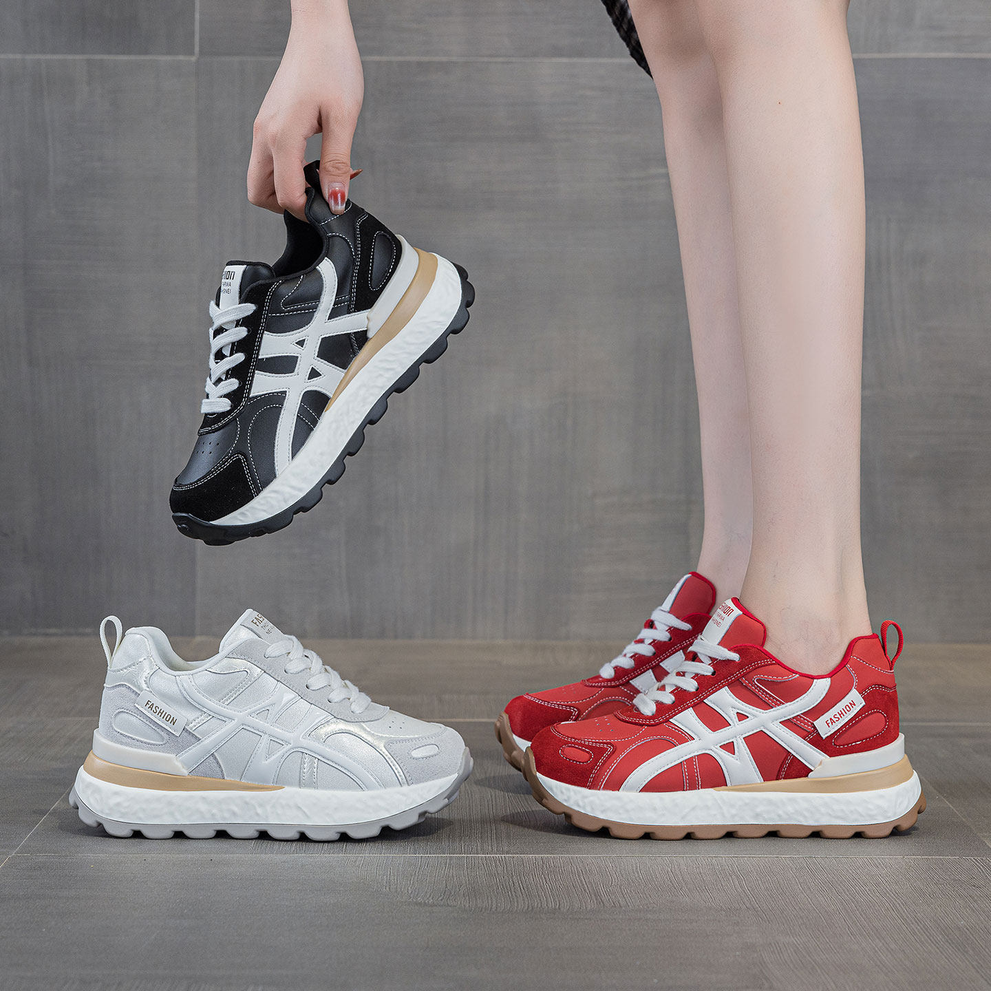 运动厚底增高圆头阿甘德训鞋真皮