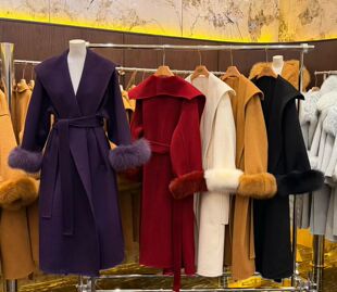 韩国高端双面羊绒大衣大翻领系腰带中长款狐狸毛毛袖口羊毛呢外套