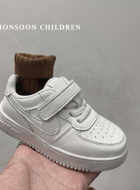 男童小白鞋女童2024新款板鞋空军一号真皮儿童白色运动鞋防滑软底