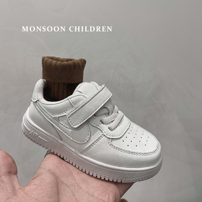 男童小白鞋女童2025新款板鞋空军一号真皮儿童白色运动鞋防滑软底