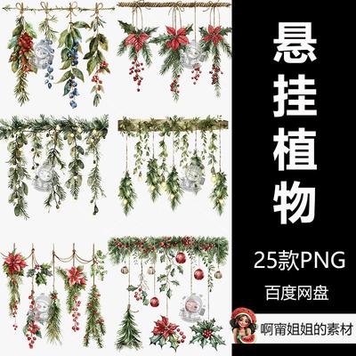 悬挂圣诞植物串升华手绘水彩装饰剪贴画插图PNG免抠设计素材高清