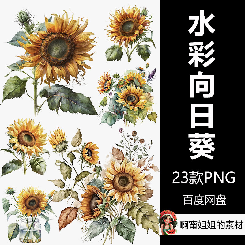 水彩向日葵剪贴画手绘花卉花朵插画png免抠设计素材高清新品精品