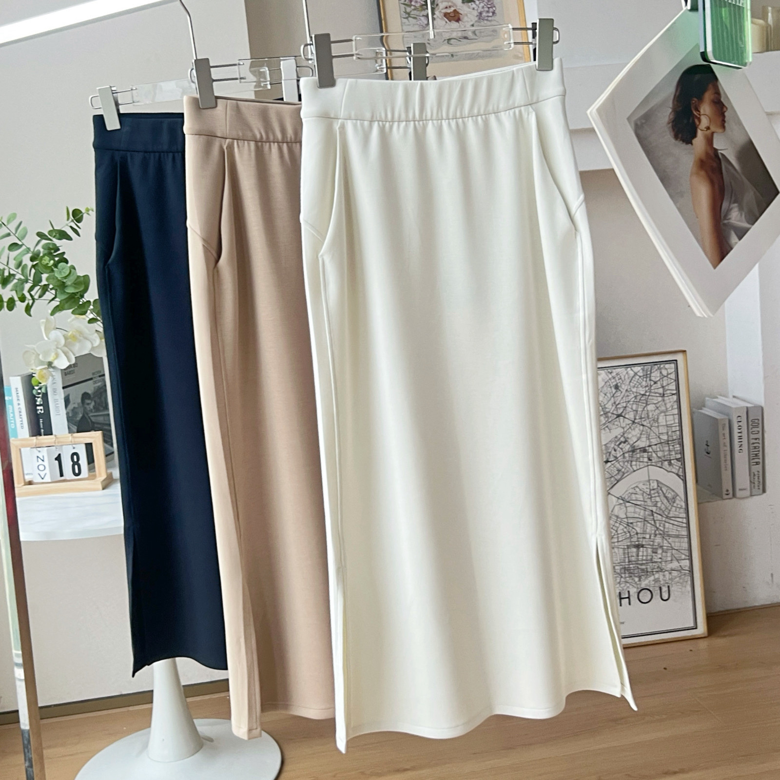 Lu家Soft兰精Modal莫代尔松紧腰运动直筒裙中长款开叉半身裙女夏