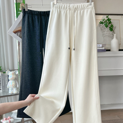 一条过冬米白色羊毛阔腿裤高腰绵羊毛加绒加厚小个子窄版直筒裤女