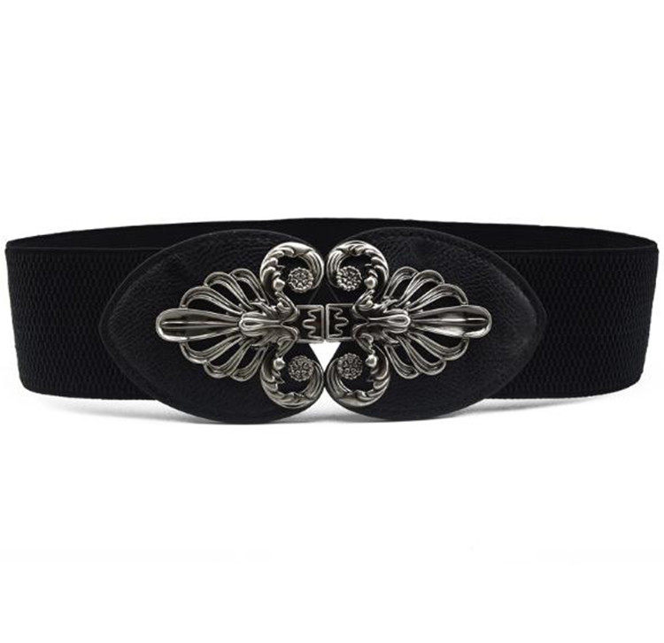 腰封基本款 欧美宫廷图腾枪黑色扣6厘米宽度秋冬羽绒服束身腰带女