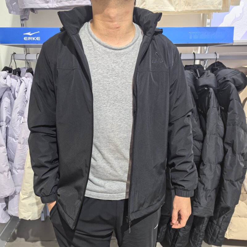 鸿星尔克男子运动上衣2024冬季带帽保暖风衣速干外套11224408002