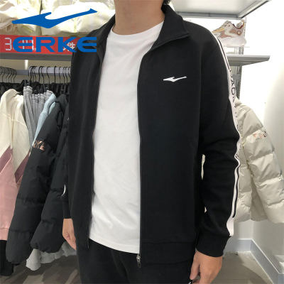鸿星尔克男子运动上衣2022秋季新款开衫针织外套翻领休闲条纹卫衣