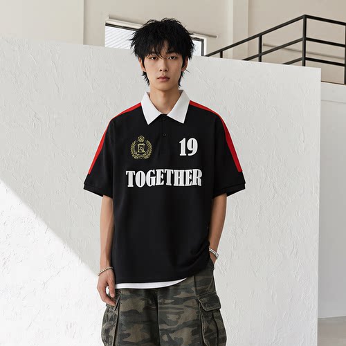 夏季美式复古撞色拼接刺绣字母翻领短袖POLO衫情侣宽松休闲百搭
