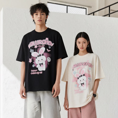 夏季潮牌街头萌趣兔子印花宽松时尚休闲短袖T恤洋气百搭宽松情侣
