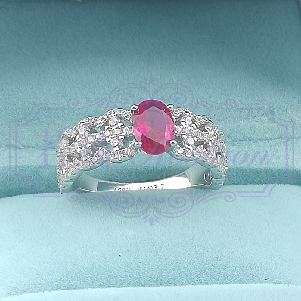 蛋形红宝石蕾丝戒指925纯银镀金指环女白金色1克拉饰品小众设计师